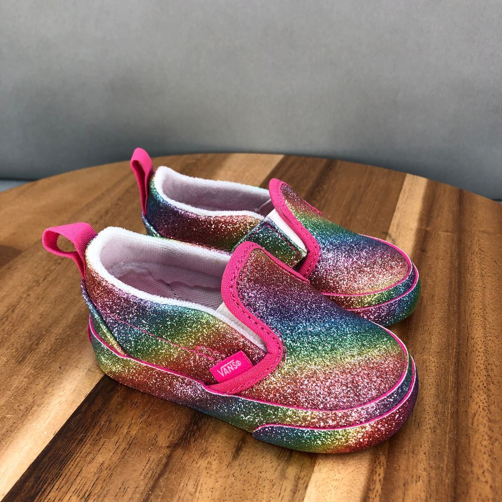 Vans Rainbow Glitter Classic Slip On Sneakers Girls 4 Sparkle Skate‎ Shoes
